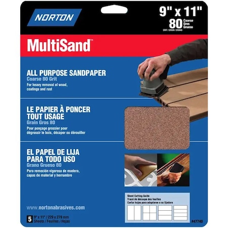 Norton Co 9" x 11" MultiSand All Purpose Sanding Sheet 80-Grit, PK 5 47740
